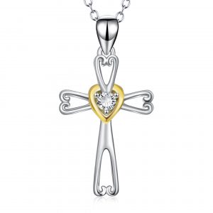 Religious Jewelry 925 Sterling Silver cross necklace Polished heart Cross Pendant Necklace