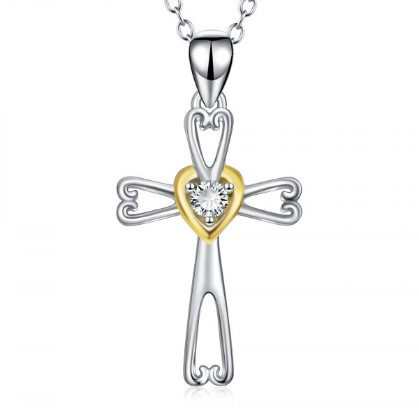 Religious Jewelry 925 Sterling Silver cross necklace Polished heart Cross Pendant Necklace