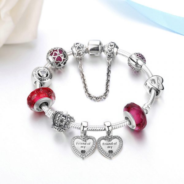 Sterling silver new double heart pandora bracelet girls pandora bracelet with red beads