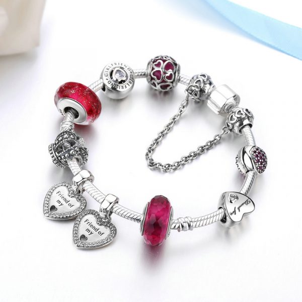 Sterling silver new double heart pandora bracelet girls pandora bracelet with red beads
