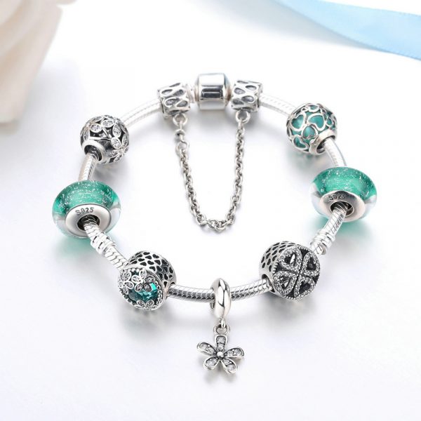 Sterling silver new pandora green beads bracelet girls pandora bracelet with flower element