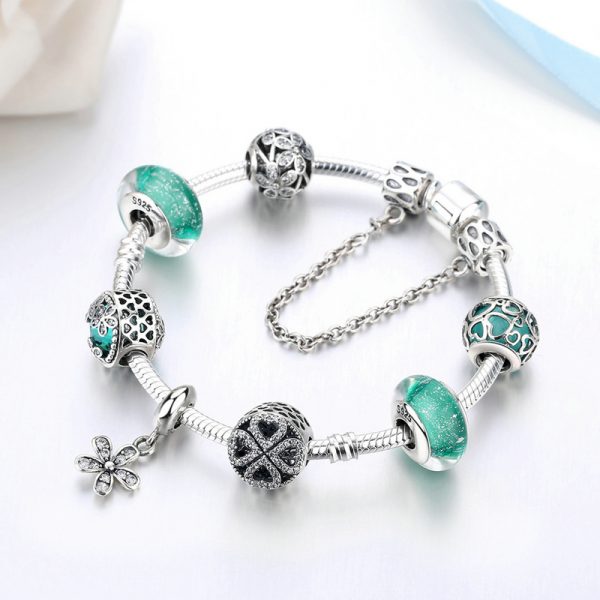 Sterling silver new pandora green beads bracelet girls pandora bracelet with flower element