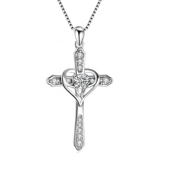 Religious Jewelry 925 Sterling Silver jesus cross necklace Love heart Cross Pendant Necklace