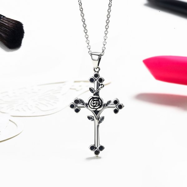 Cross necklace silver cross necklace womens with flower in middle