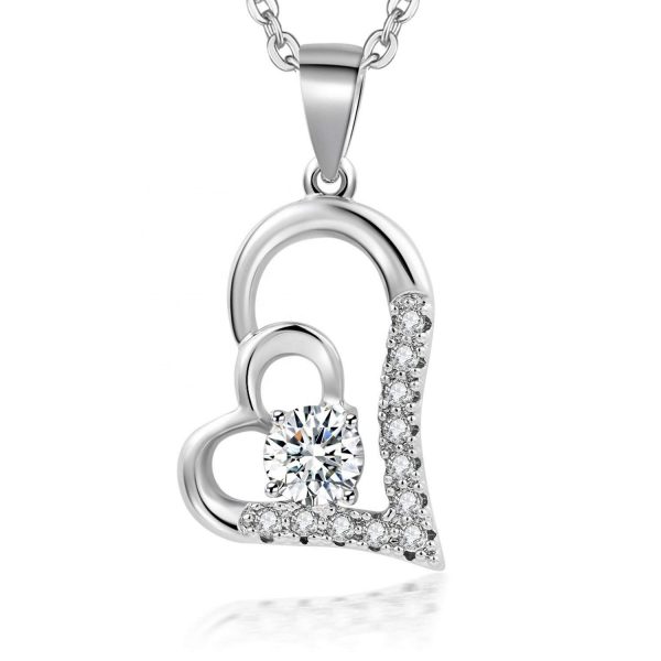 925 Sterling Silver CZ Crystal double heart necklace Women Jewelry necklaces