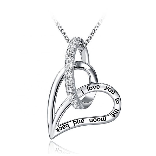 925 Sterling Silver engraved heart necklace I Love You to the Moon necklaces White Cubic Zirconia