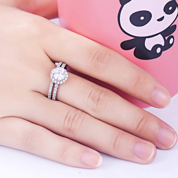 Custom 925 Sterling Silver 2pcs Halo Engagement Wedding Ring Sets Stackable Band Wholesale