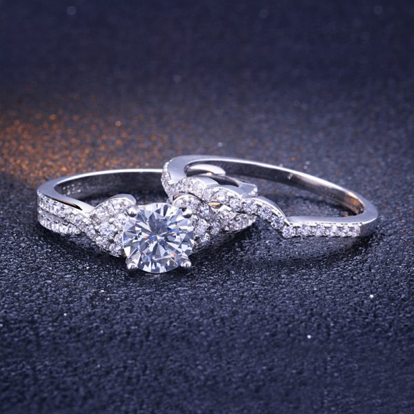 Customize 925 Sterling Silver Double Row Engagement Wedding Ring Sets For Bridal