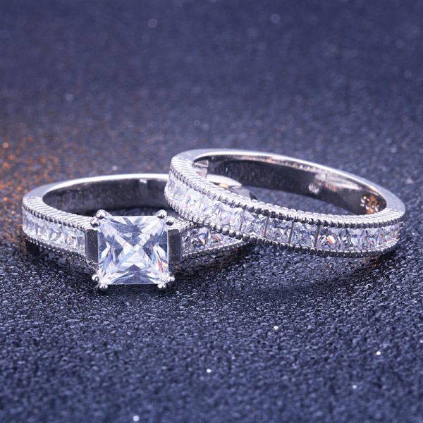 Fashion Princess Cut Simulate Diamond 925 Sterling Silver Half Eternity Bridal Ring Set For Wedding Party
