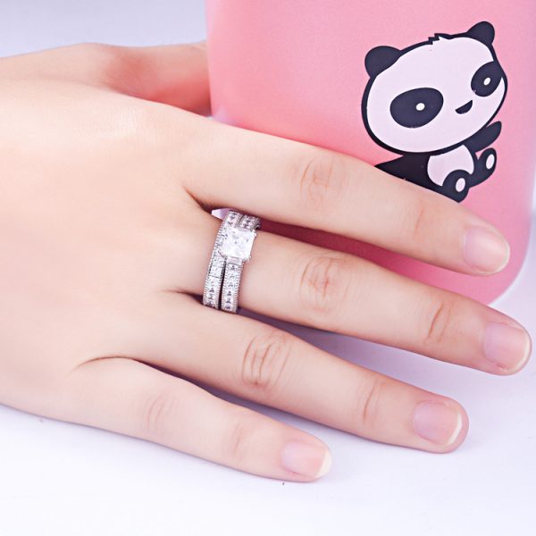 Fashion Princess Cut Simulate Diamond 925 Sterling Silver Half Eternity Bridal Ring Set For Wedding Party