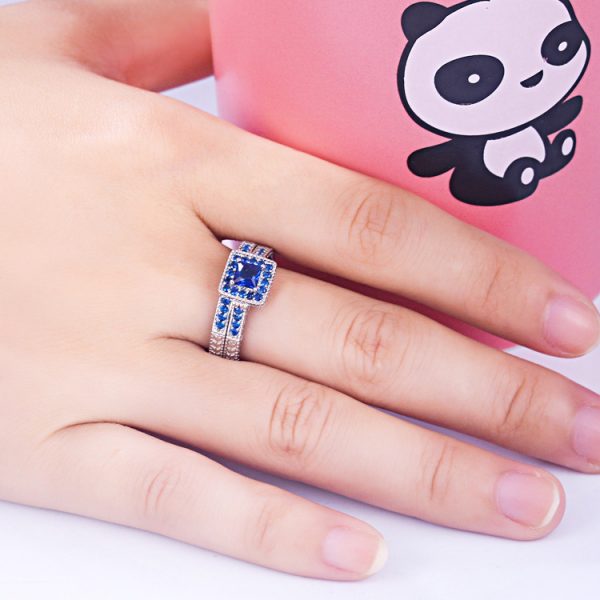 High Quality 925 Sterling Silver Sapphire Blue CZ stacking Two-Piece Bridal Ring Wedding Ring Sets