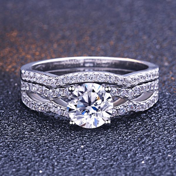 High Quality 925 Sterling Silver Split Shank White Gold Colour Womens Wedding Ring Sets