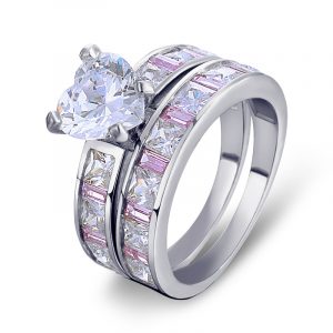 Luxury 925 Sterling Silver Princess Cut Channel Set Pink CZ Heart Shape Stone 2pcs Wedding Ring Sets