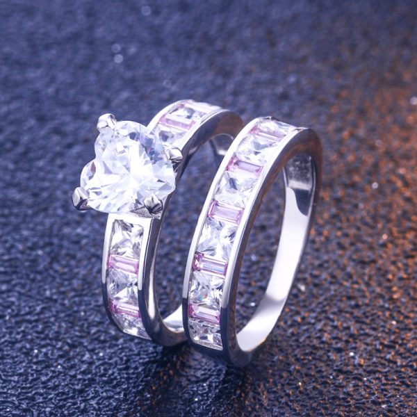 Luxury 925 Sterling Silver Princess Cut Channel Set Pink CZ Heart Shape Stone 2pcs Wedding Ring Sets
