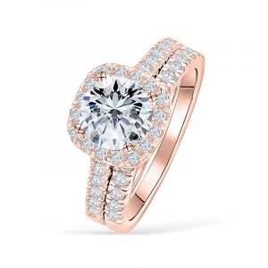Real Rose Gold Plated 925 Sterling Silver Halo Engagement Ring Stackable Wedding Band Sets For Bridal
