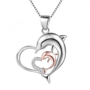 925 Sterling Silver rose gold heart necklace Dolphin Necklace Double Dolphin Pendant