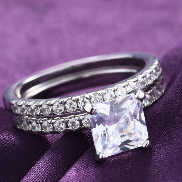 Stunning CZ Diamond Princess Cut White Gold Colour Wedding Ring Set Stackable Wedding Ring Sets