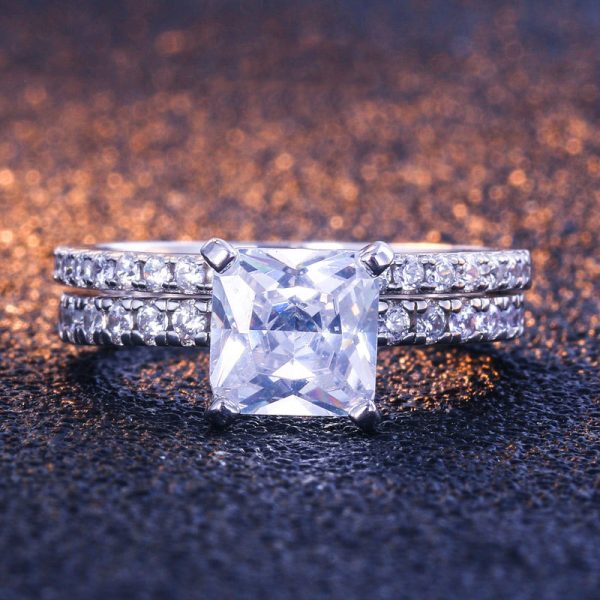 Stunning CZ Diamond Princess Cut White Gold Colour Wedding Ring Set Stackable Wedding Ring Sets