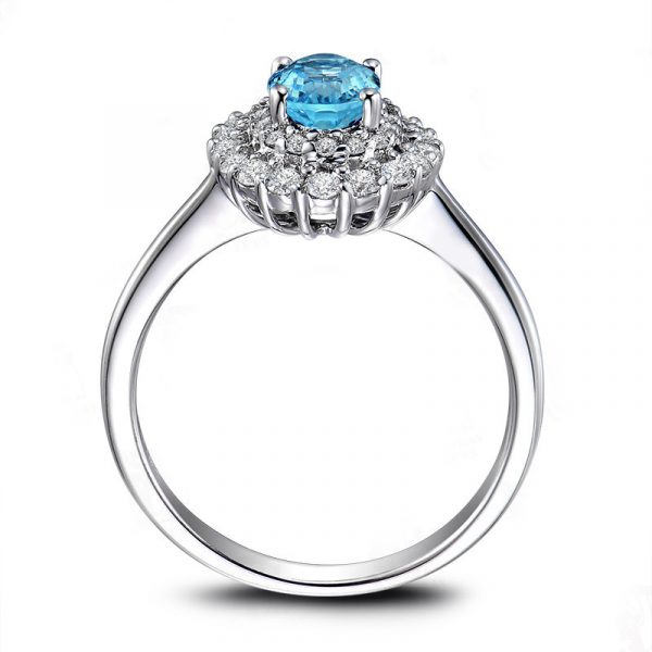 Topaz Blue Color Cubic Zirconia Rhodium Plated Silver Engagement Rings For Women