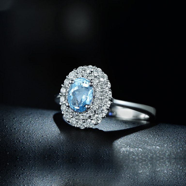 Topaz Blue Color Cubic Zirconia Rhodium Plated Silver Engagement Rings