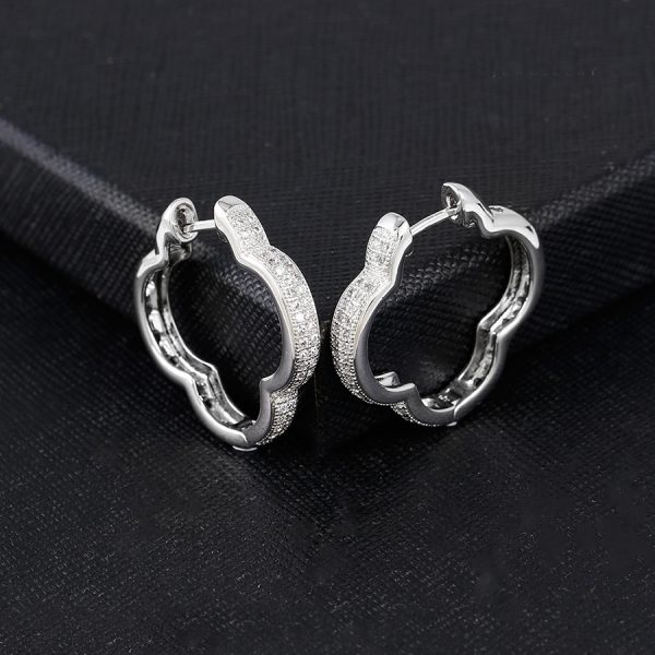 Unique Clover Shape Micro Pave Gemstone 925 Silver Hoop Earrings