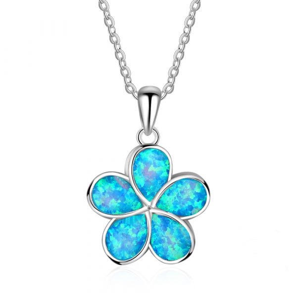 Amazon Hot Sale 925 Sterling Silver Blue Inlay Opal Hawaiian Flower Charm Pendant Blue Opal Necklace