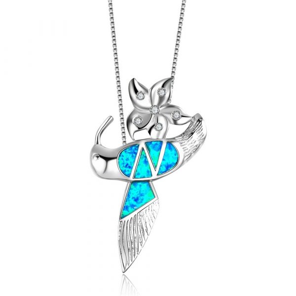 Blue Fire Opal Necklace 925 Sterling Silver Hummingbird Pendant Charm Pendant Necklace Jewelry Wholesale