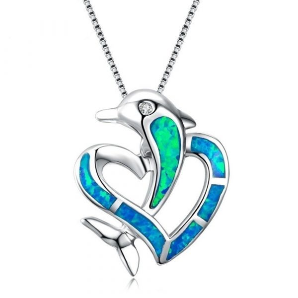 Fashion 925 Sterling Silver Jewellery Dolphin Blue Opal Heart Necklace Hotsale Walmart Opal Necklace