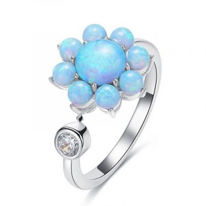 High Quality 925 Sterling Silver Platinum Colour Flower Shaped Blue Fire Opal Engagement Ring Finger Rings Jewellery