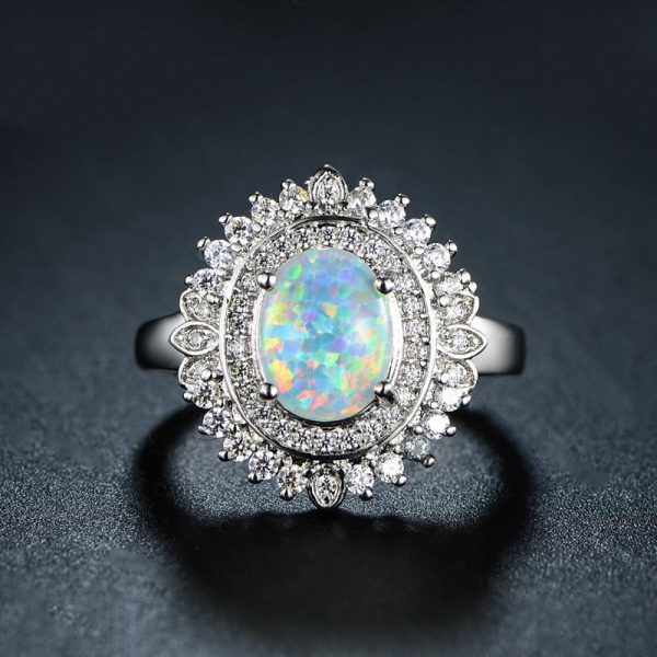 Luxury Women's Sterling Silver Opal Promise Rings With Cubic Zirconia Opal Engagement Ring For Women