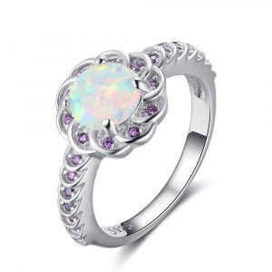 Wholesale Custom 925 Sterling Silver Opal And Amethyst Ring Round Flower Shaped Opal Engagement Ring