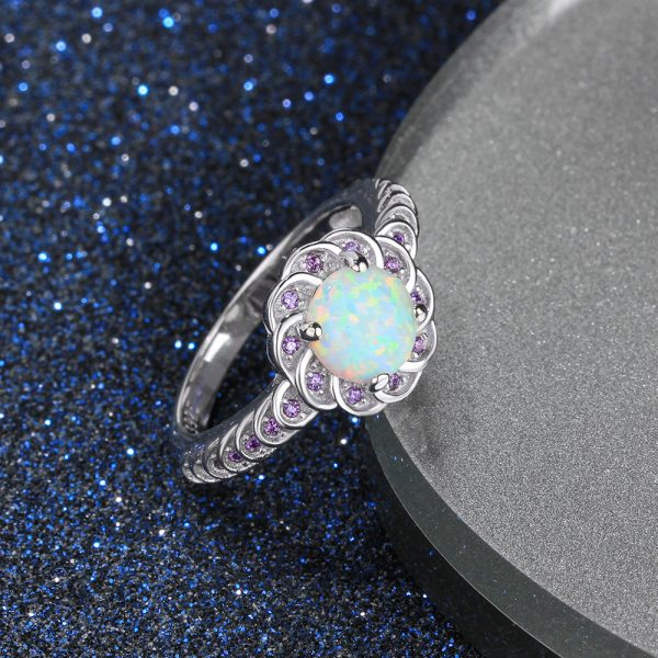 Wholesale Custom 925 Sterling Silver Opal And Amethyst Ring Round Flower Shaped Opal Engagement Ring