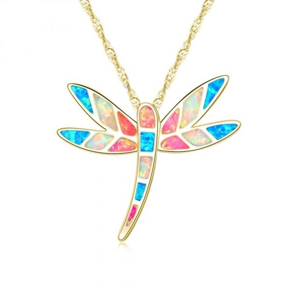 Wholesale Jewelry Blue Opal Dragonfly 925 Sterling Silver Charm Opal Pendant Necklace Unisex Day Gift