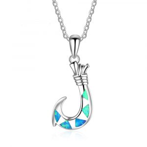 Wholesale Stylish Opal Jewelry 925 Sterling Silver Blue Fire Opal Fish Hook Pendant Necklaces